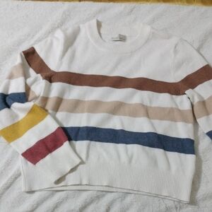 BE COOL Women's White Crewneck Sweater with Multicolor Stripes